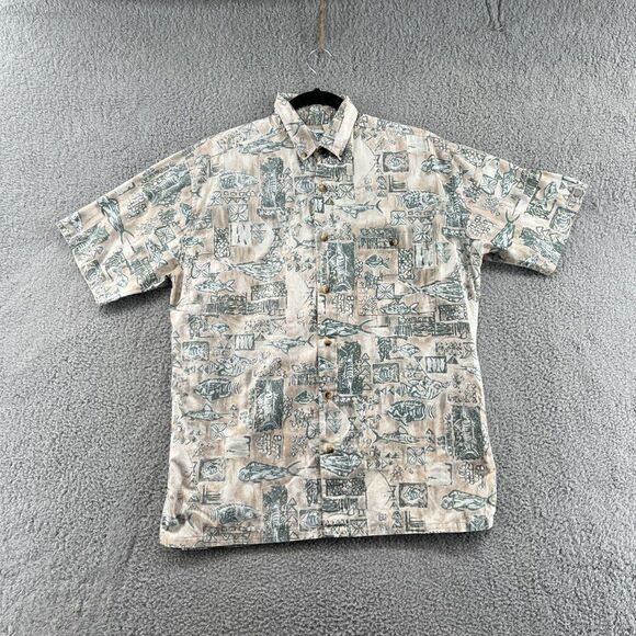VTG Hook & Tackle Men's Medium Fish Pattern Button Camp Shirt Tan Green Fishing - Picture 3 of 13